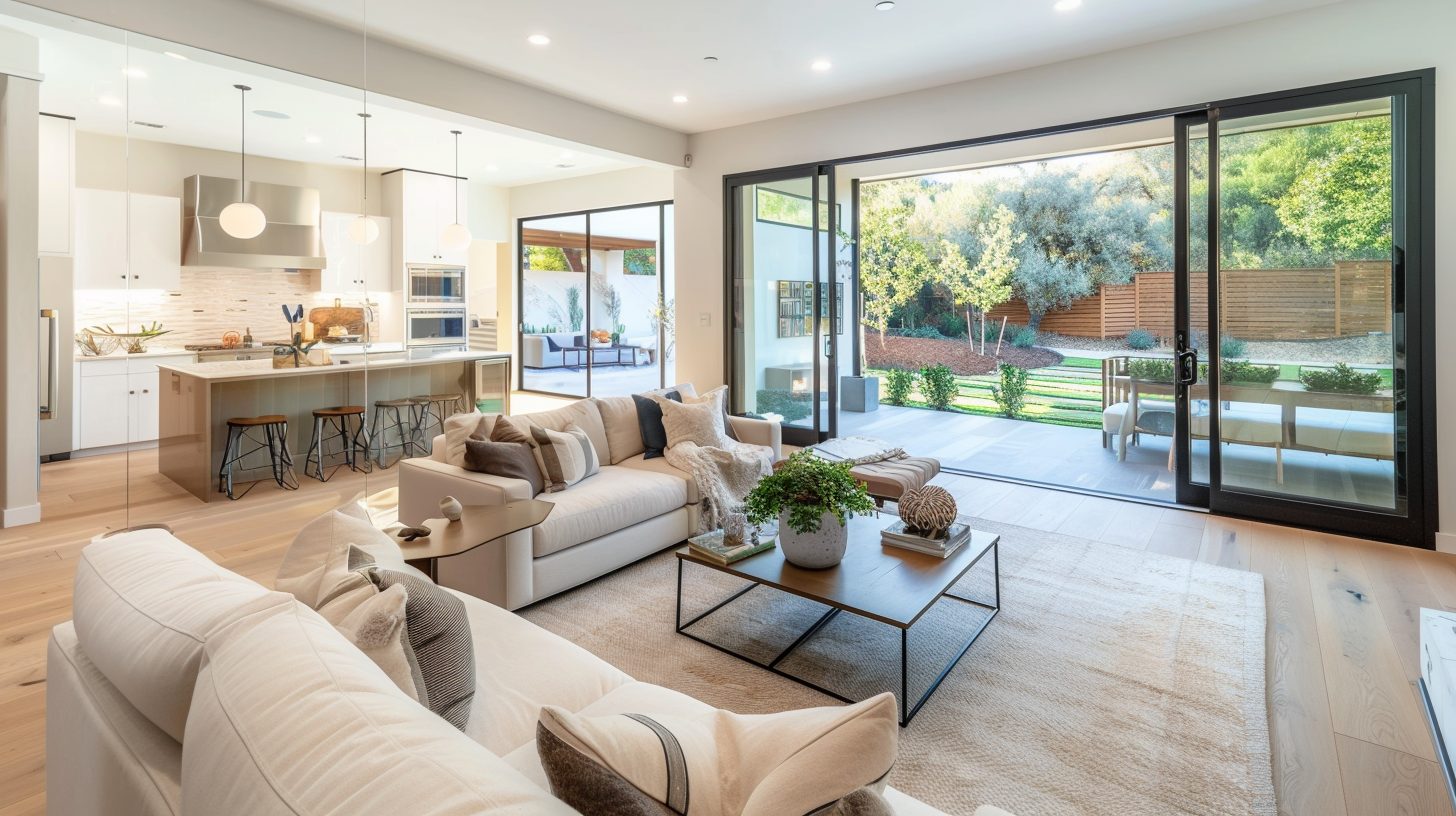 Open-plan living room and kitchen with sliding glass walls to a landscaped backyard near Wildwood Park, Thousand Oaks